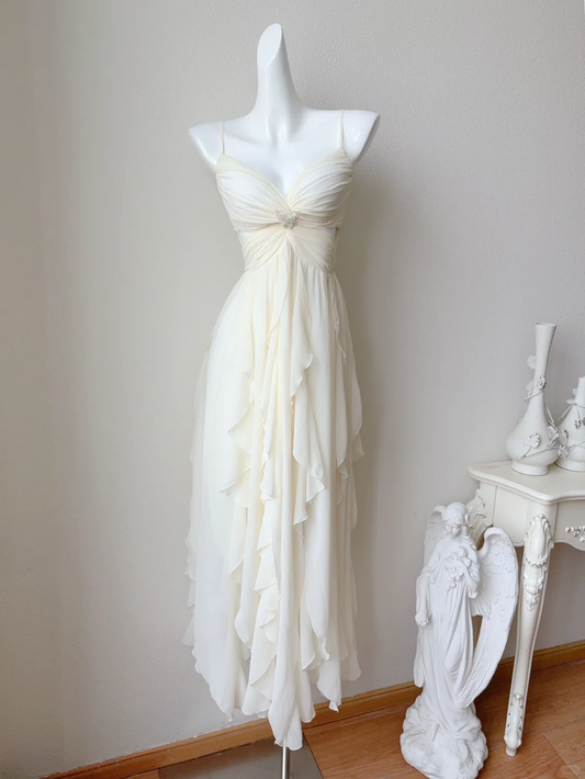 Gentle A Line Spaghetti Strap White Ruffle Chiffon Long Prom Dresses DP4191