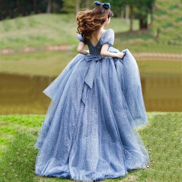 Blue Tulle Lace Appliques Long Prom Dress Formal Quinceanera Dress Ball Gown DP061