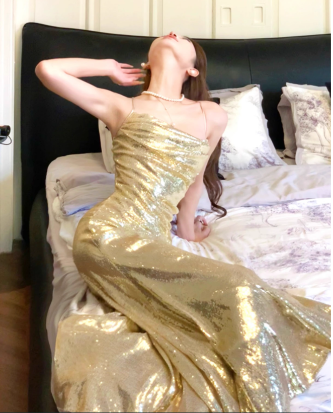Shiny Golden Mermaid Spaghetti Strap Sequin Prom Dress 16th Birthday Dress with Slit DP3570