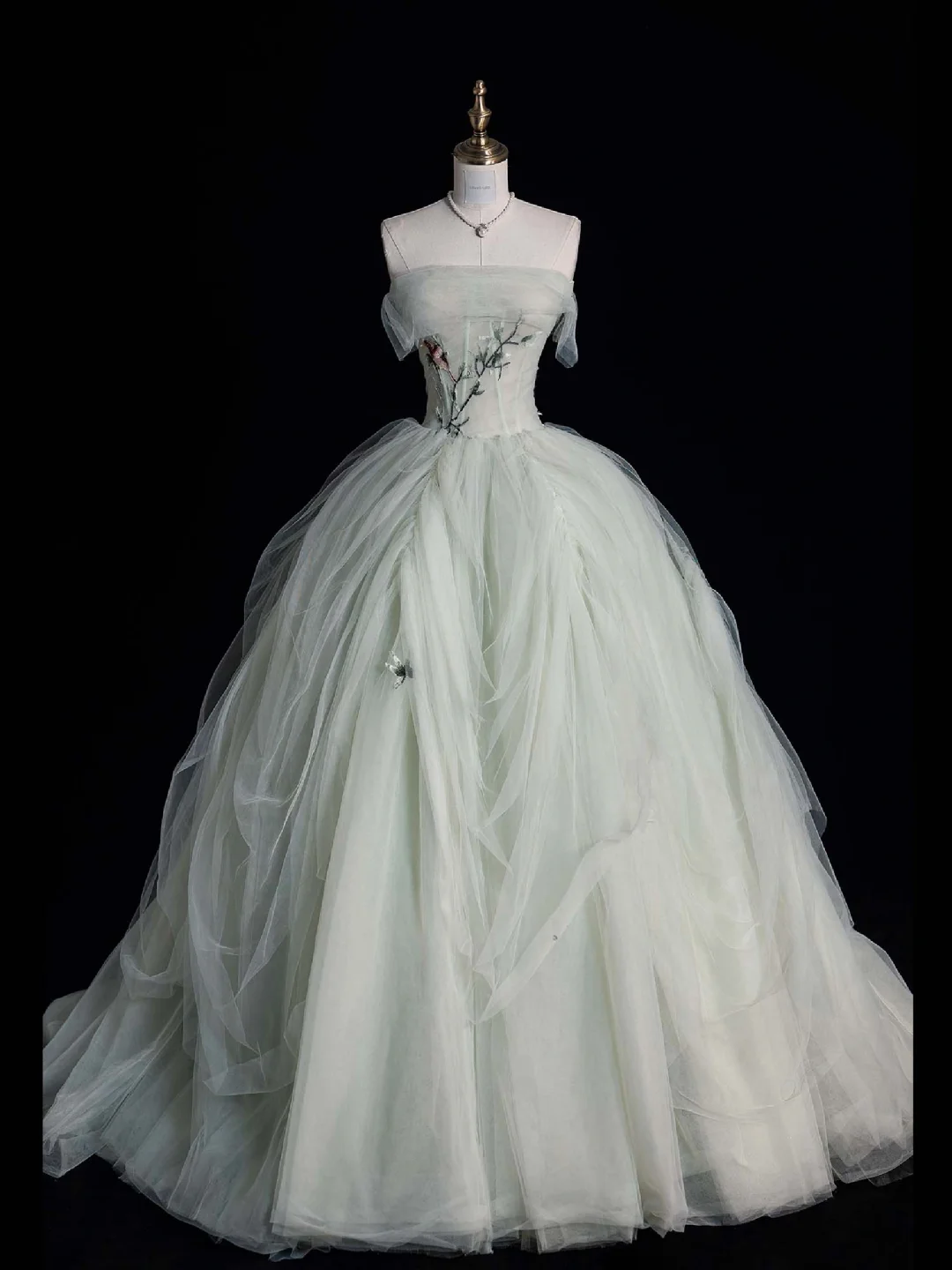 Romantic A Line Strapless Floral Sage Green Tulle Long Evening Dress Party Dress DP2300