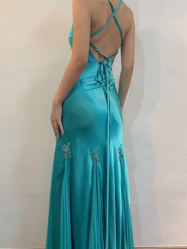 Vintage Mermaid Spaghetti Strap Appliques Blue Satin Prom Dress Evening Dress DP1621