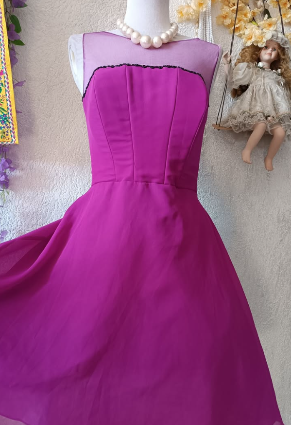 Vintage A Line Round Neck Hot Pink Tulle Satin Short Homecoming Dress Evening Dress DP1634