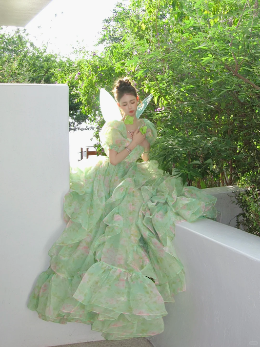 Green Ball Gown Puff Print Floral Ruffle Chiffon Long Party Dress Birthday Dress DP2418