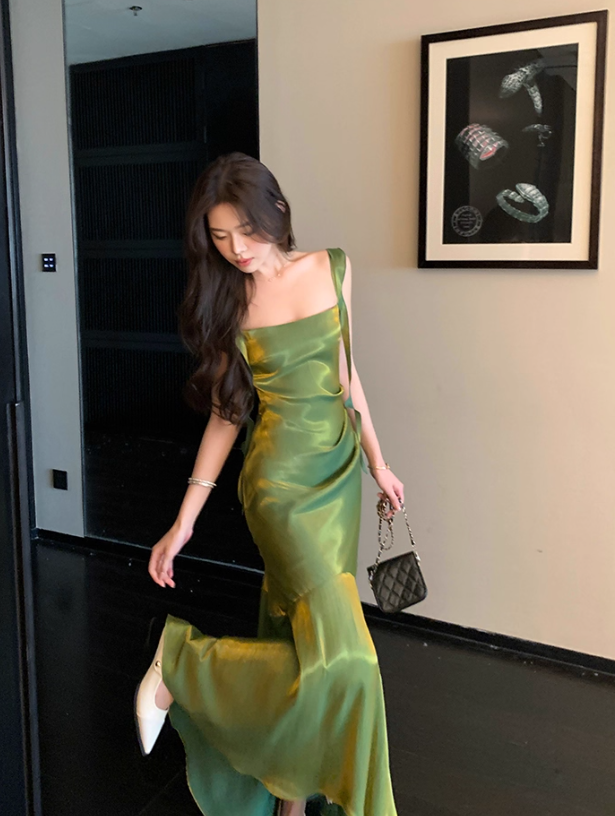Shiny Green Mermaid Straps Satin Prom Dress Formal Dress Evening Dress DP3454