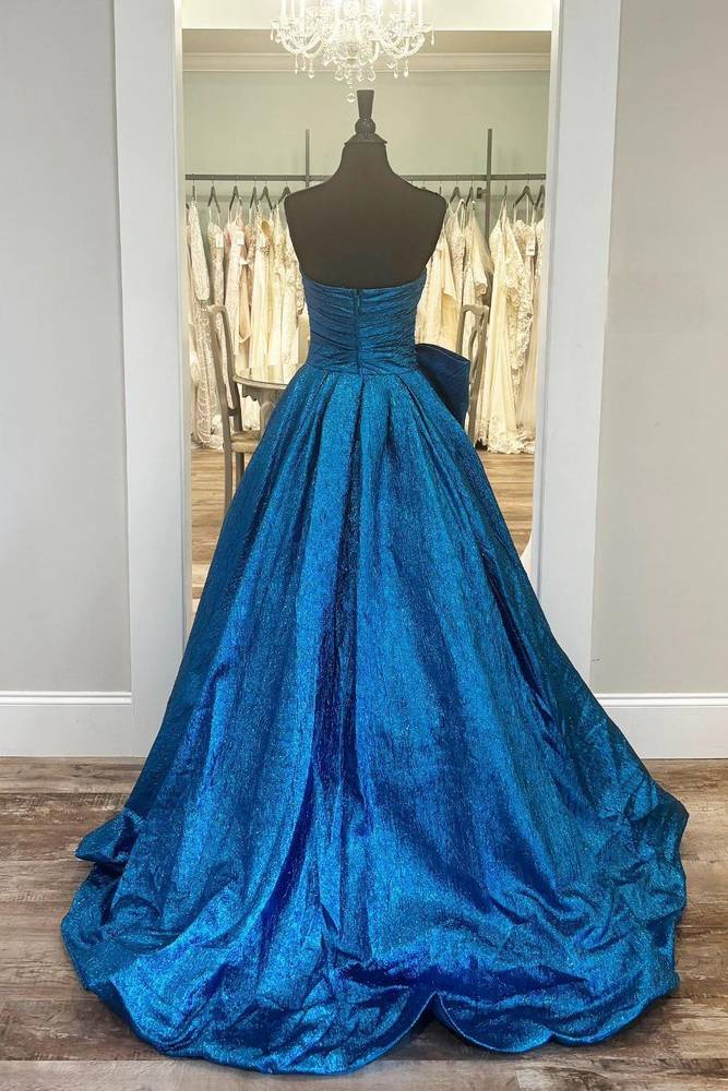 A Line Strapless Ruched Satin Long Prom Dress Evening Dress with Bow DP1181