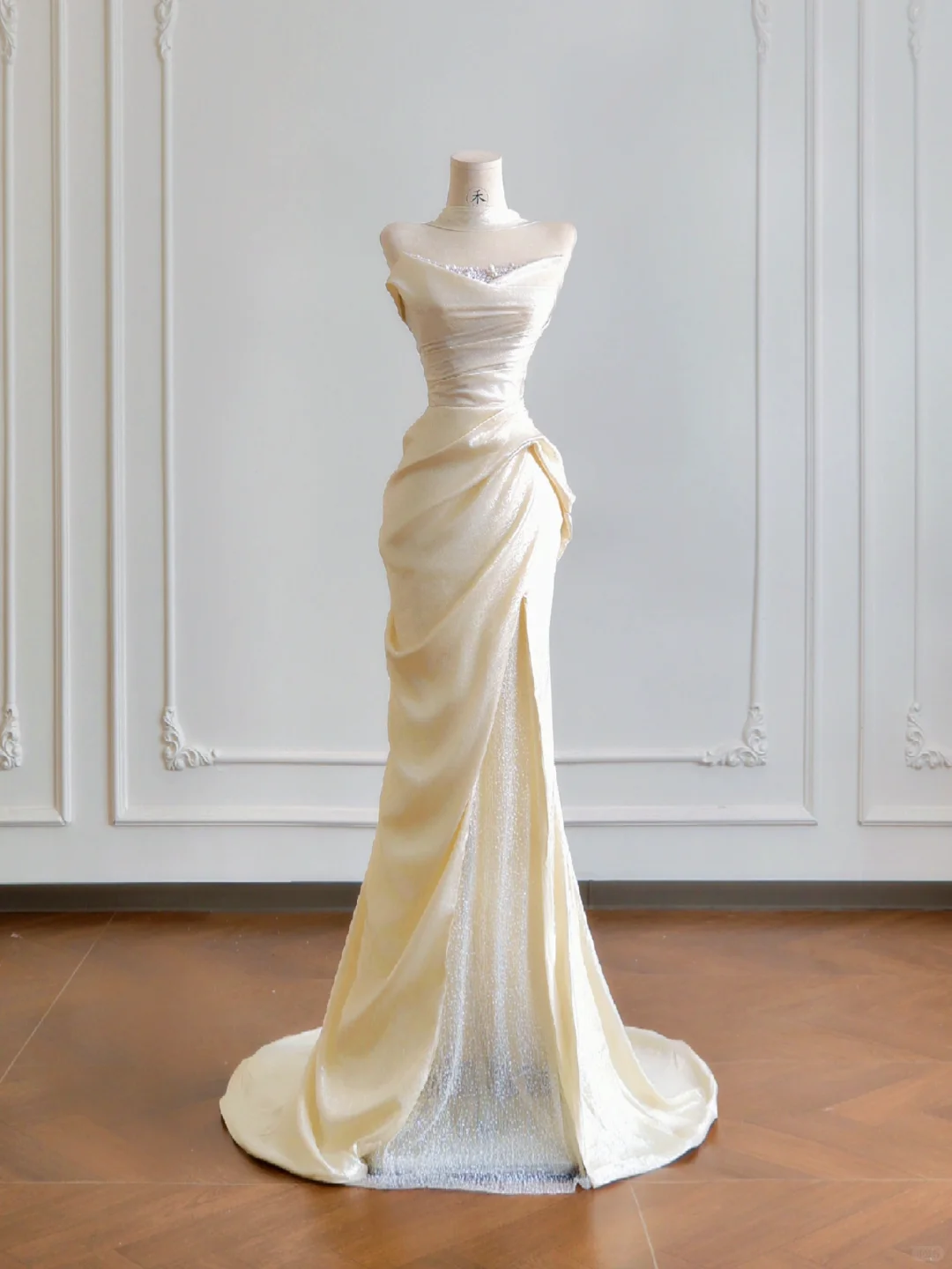 Light Champagne Mermaid Strapless Sequin Satin Long Prom Dresses DP4189