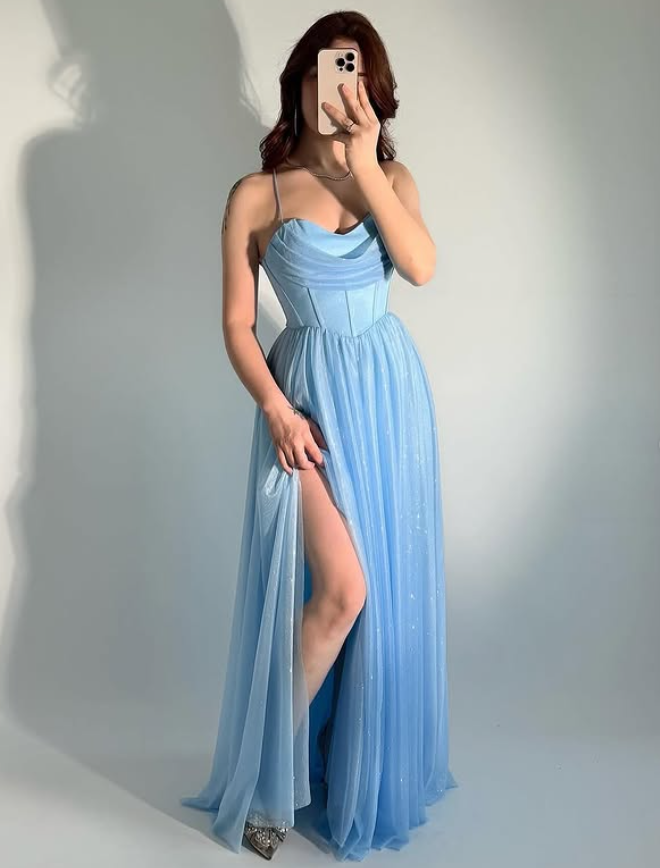 Elegant Blue A Line Spaghetti Strap Organza Long Prom Dress Wedding Guest Dress DP4076