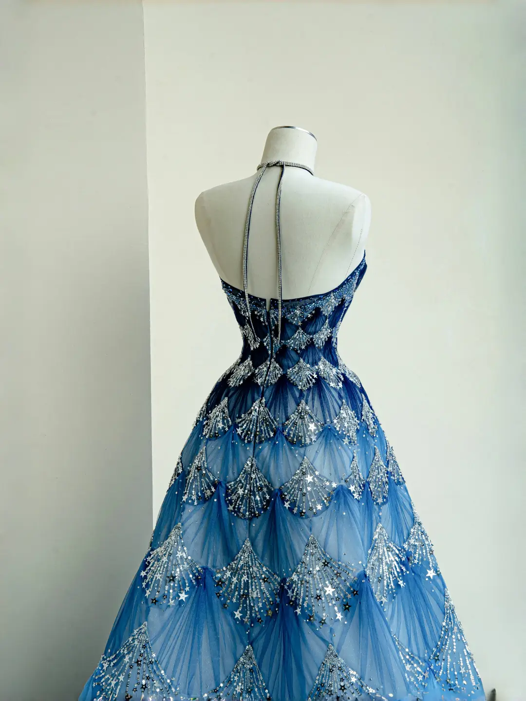 Blue Ombre A Line Halter Star Sequin Organza Prom Dress Party Dress DP2683