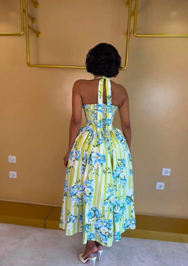 Summer A Line Halter Blue Print Green Stripe Satin Backless Prom Dress Outfits DP6321