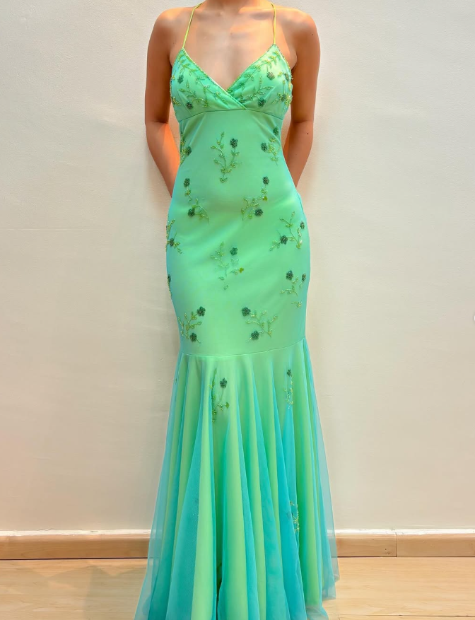 Vintage Mermaid Spaghetti Strap Beaded Tulle Satin Long Prom Dress Evening Dress DP1615