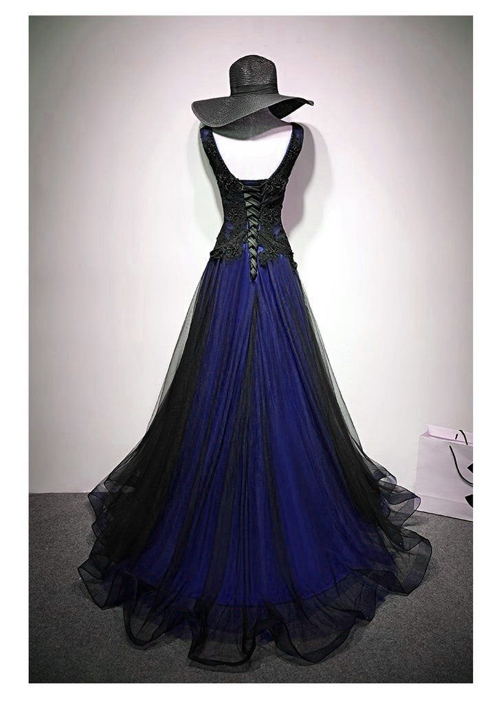 Elegant V-Neck Tulle Long Prom Dress Lace Beaded Evening Dress DP195