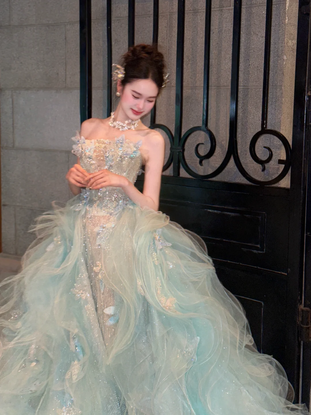 Elegant Ball Gown Strapless Beaded Butterfly Blue Organza Prom Dress 16th Birthday Dress DP4245