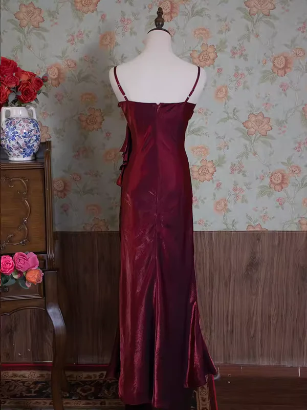 Vintage Spaghetti Straps Burgundy Long Prom Dress DP292