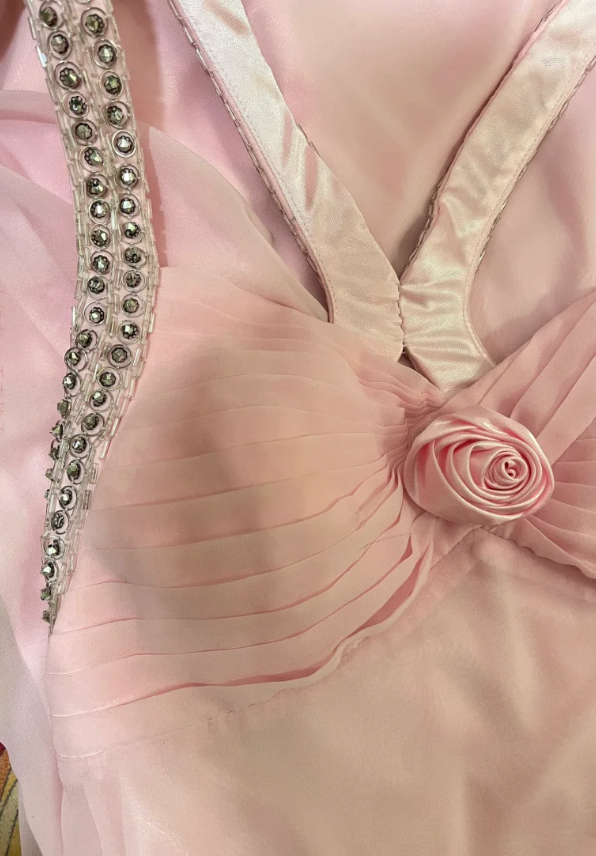 Gentle A Line Spaghetti Strap Beaded Pink Chiffon Long Prom Dress Wedding Guest Dress DP4275