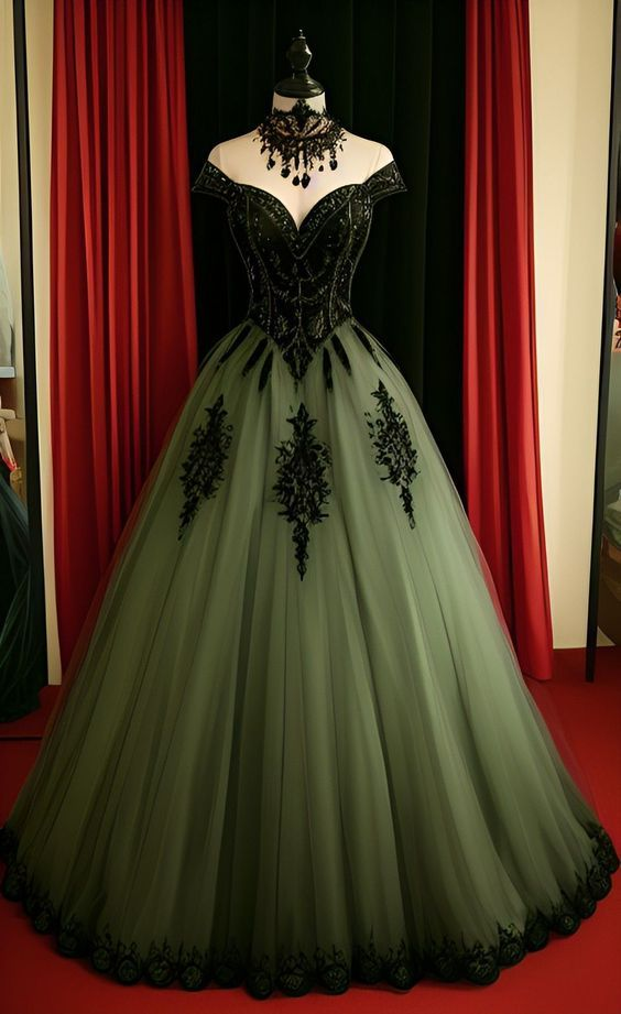 Green A-line Tulle Prom Dress,Chic Off The Shoulder Formal Gown Long Prom Dress DP181