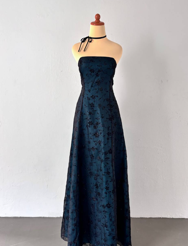 Vintage A Line Strapless Appliques Black Blue Tulle Prom Dress Graduation Prom Dress DP2257