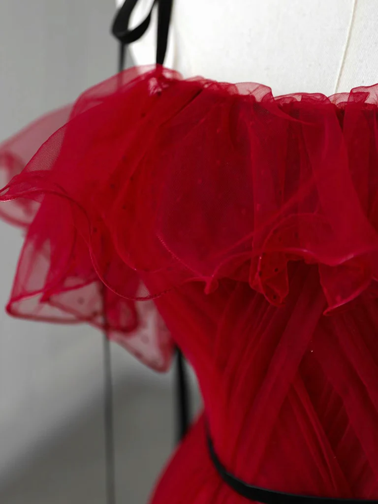 Pretty Off Shoulder Tulle Red Long Prom Dress DP414