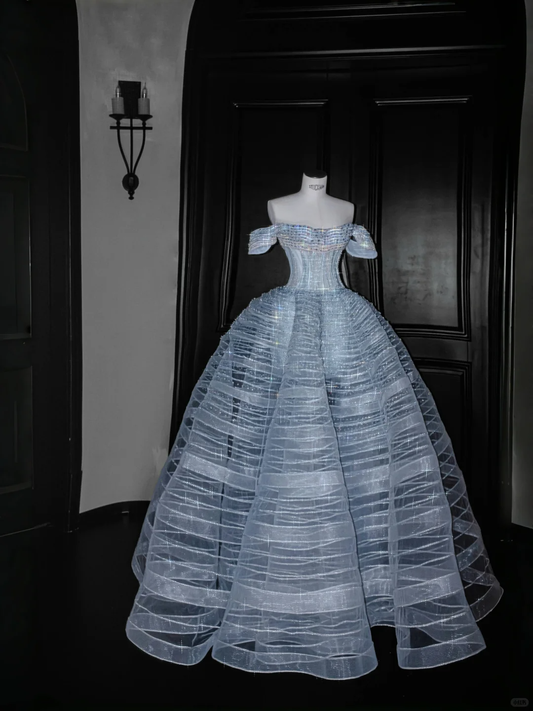 Shiny A Line Off the Shoulder Beaded Blue Organza Long Prom Dress Evening Dress DP2651