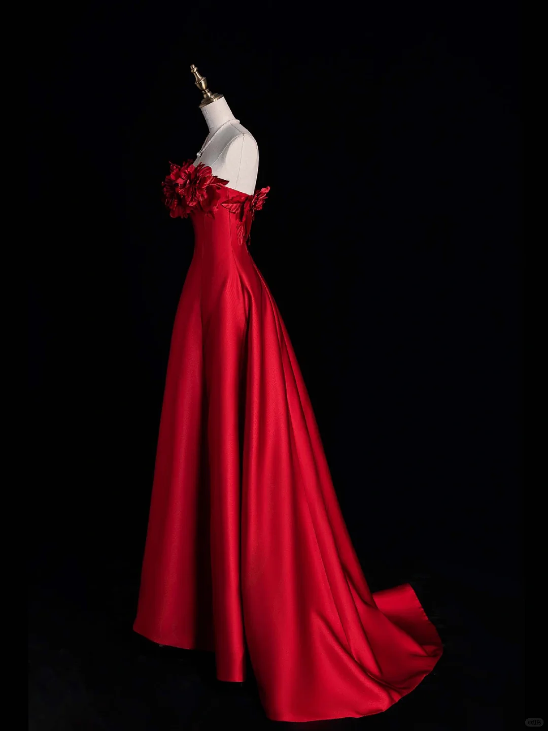 New A Line Strapless Red Flower Satin Long Prom Dress Graduation Prom Dress DP2266