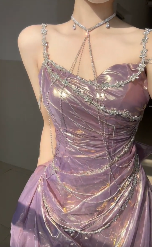 Purple Shiny A Line Spaghetti Strap Beaded Satin Prom Dress Graduation Ball Gown DP4569