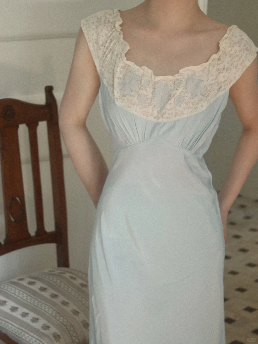 Vintage Baby Blue A Line Straps Lace Satin Long Prom Dress Evening Dress DP6460