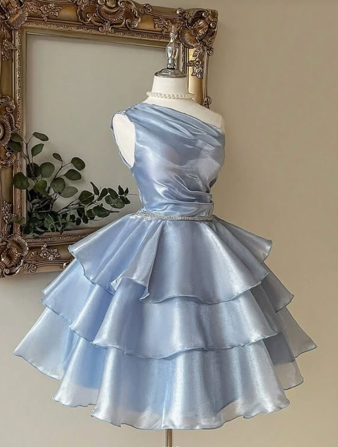Blue A Line One Shoulder Layered Satin Short Homecoming Dresses DP4177
