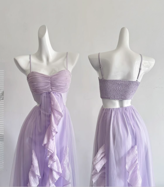 Purple A Line Halter Ruffle Tulle Vacation Dress Homecoming Dress Outfits DP3548