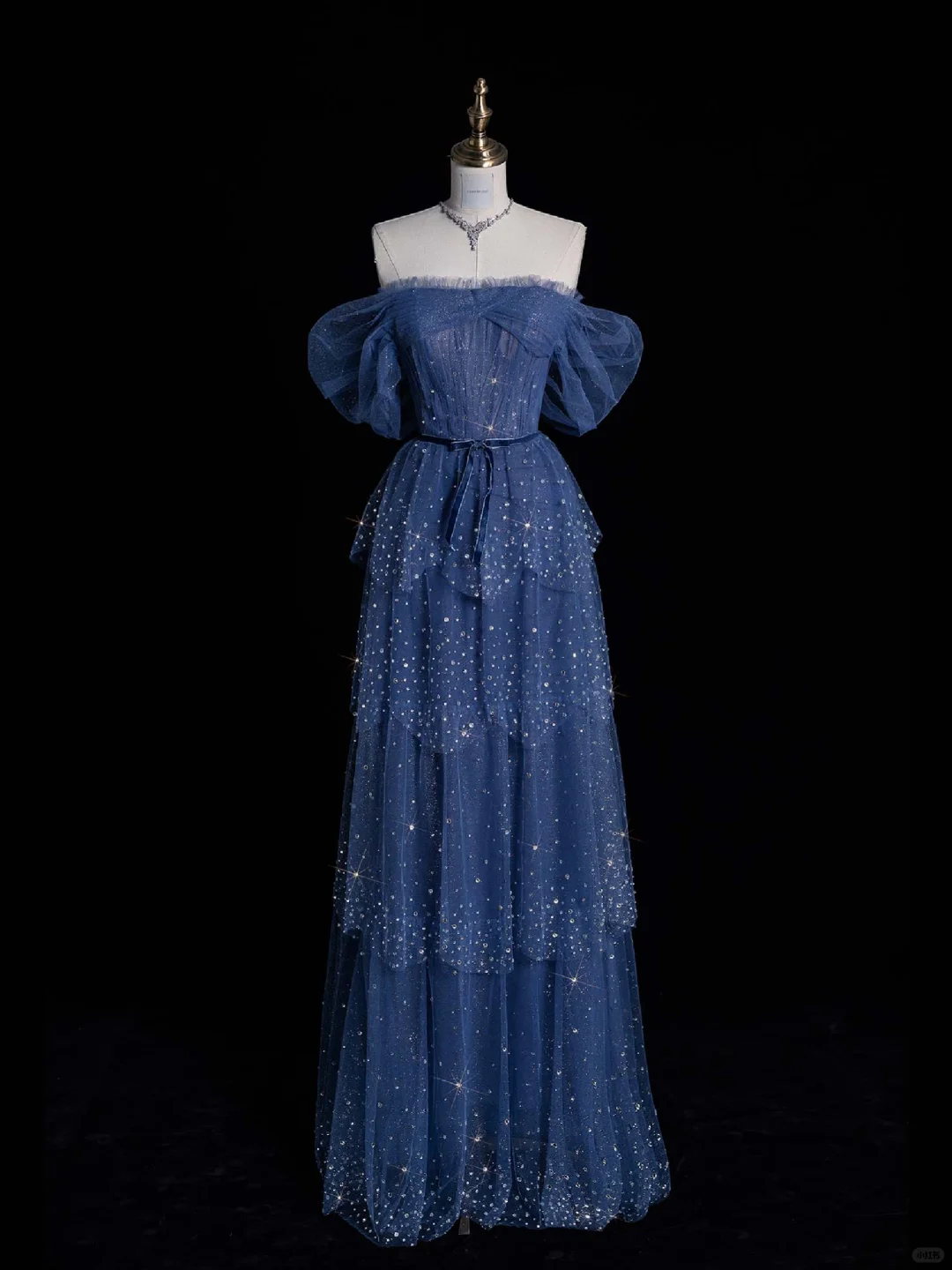Blue A Line Off the Shoulder Rhinestone Tiered Tulle Long Prom Dress Evening Dress DP2181