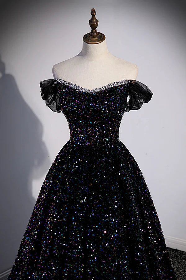 Charming Black Sequins Beaded Ball Gown Off The Shoulder Evening Dress DP645