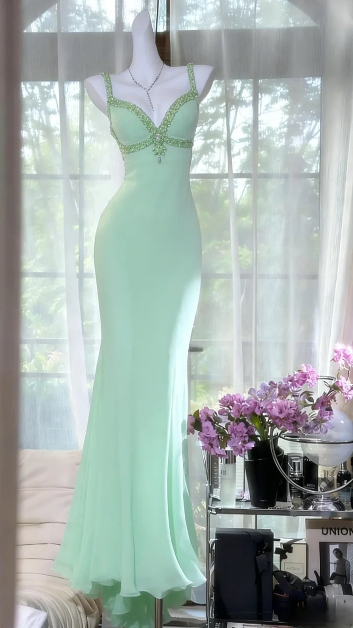 Dreamy Light Green Mermaid Straps Beaded Chiffon Prom Dress Date Dress DP5091