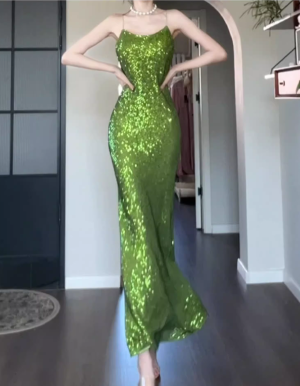 Shiny Green Mermaid Spaghetti Strap Sequin Prom Dress Evening Dress Party Dress DP3582