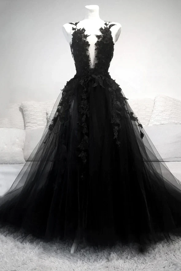Black Lace Tulle Long Prom Dress A Line Evening Dress Wedding Dress DP001
