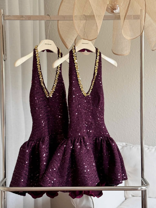 A Line V Neck Sequins Rhinstone Satin Open Back Short Homecoming Dress DP1409