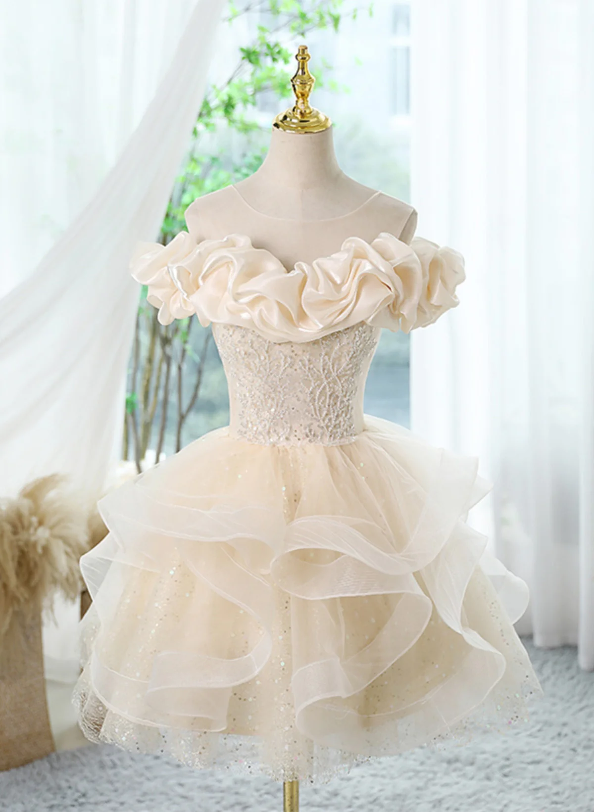 Cute Light Champagne Off Shoulder Homecoming DressTulle Short Prom Dress DP304