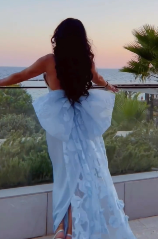 Blue Sheath Strapless Tulle Satin Long Prom Dress Evening Dress with Bow DP1533