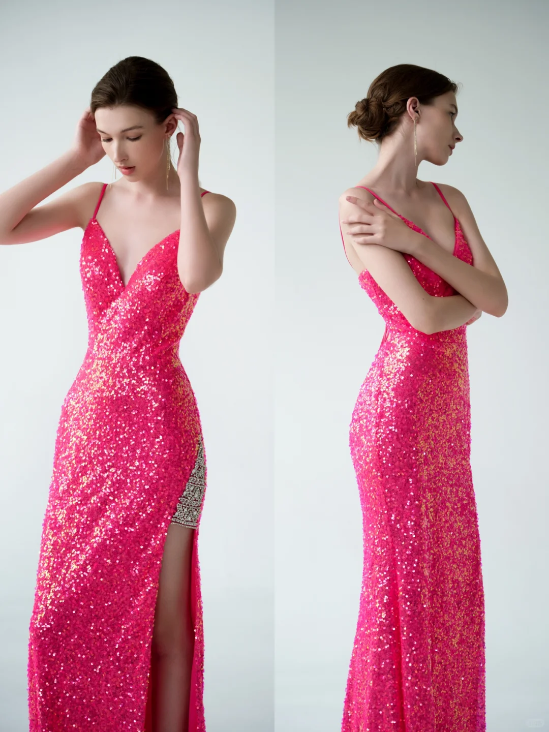 Sexy Mermaid Spaghetti Straps Pink Sequin Prom Dress Formal Gown with Slit DP3722