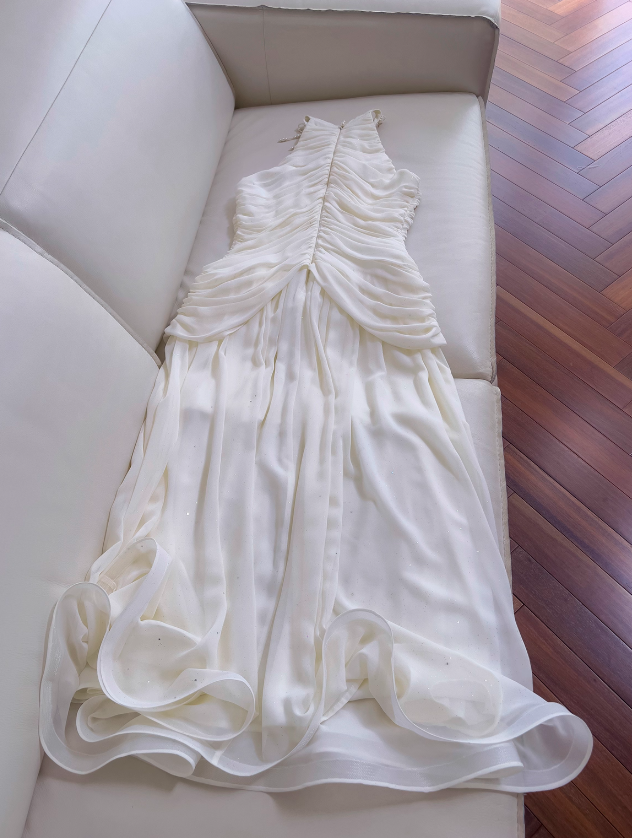 Classic White A Line Halter Pearl Chiffon Prom Dress Wedding Guest Dress DP4487