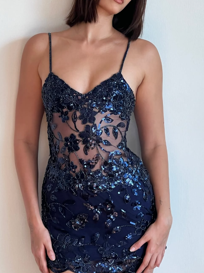 Sexy Sheath Spaghetti Strap Beaded Tulle Short Homecoming Dress Birthday Dress DP1760