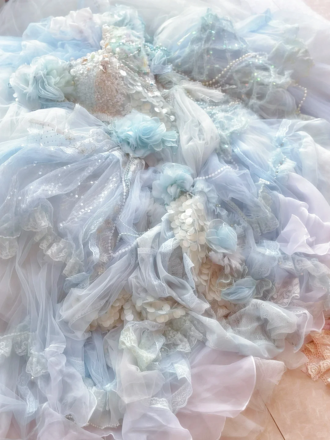 Unique Blue Ball Gown Off the Shoulder Floral Exquisite Beaded Tulle Prom Dress DP3820