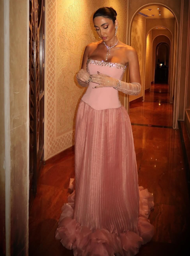 Pretty Pink Rhinestone Strapless Tulle Satin Long Prom Dress Date Dress Evening Dress DP2998