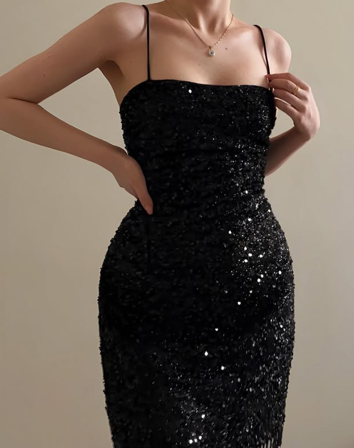 Shiny Black Sheath Spaghetti Straps Sequin Long Prom Dress Evening Dress DP6506
