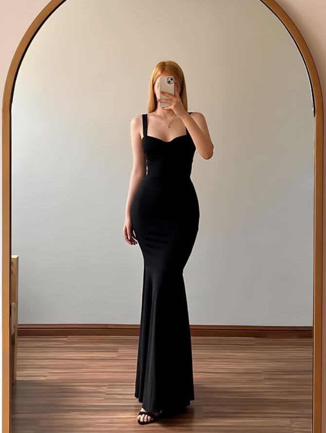 Classy Black Mermaid Spaghetti Straps Satin Long Prom Dress Evening Dress DP6507