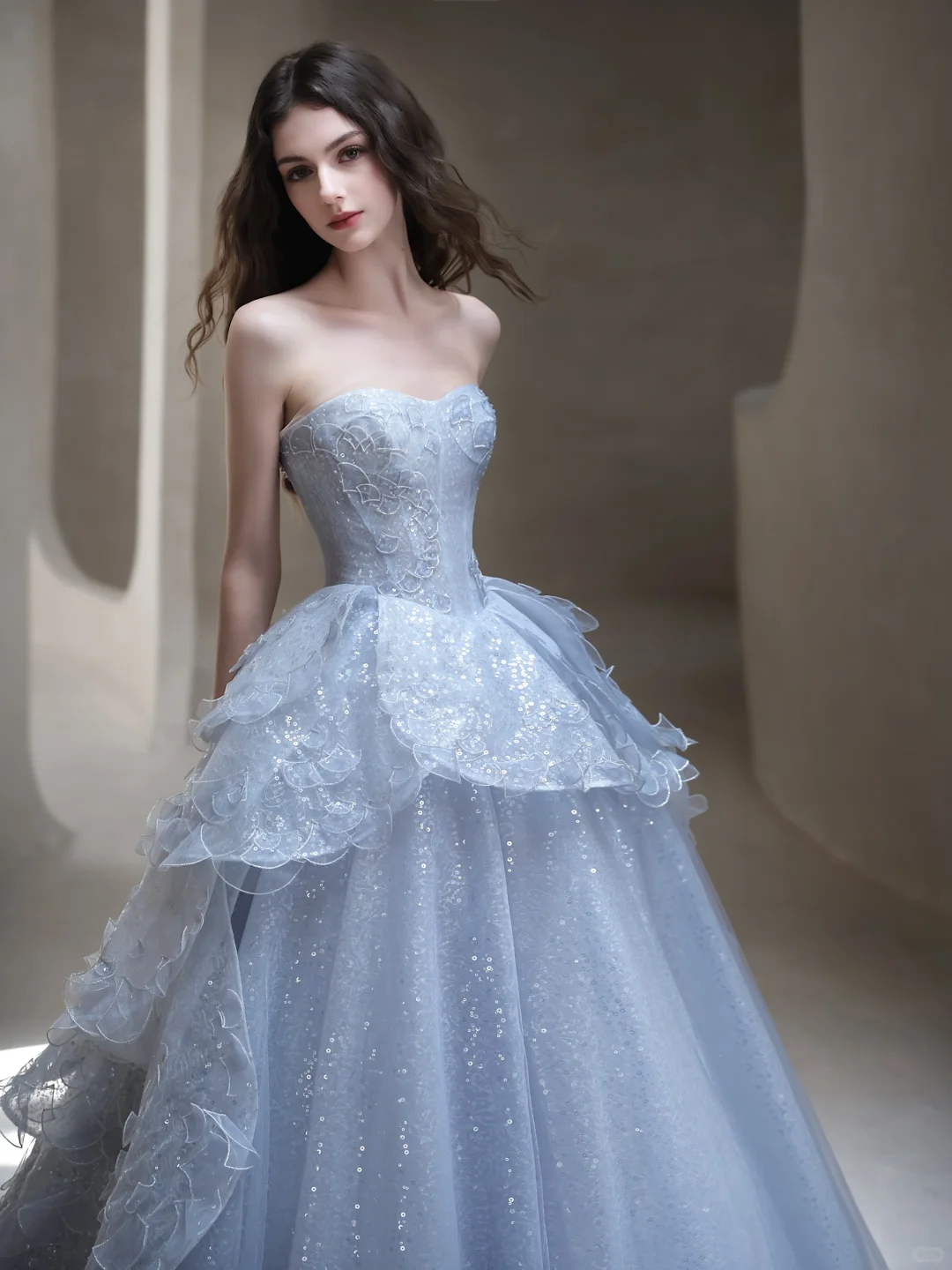 Light Blue Ball Gown Strapless Sequin Layered Long Prom Dress Evening Dress Formal Gown DP3434