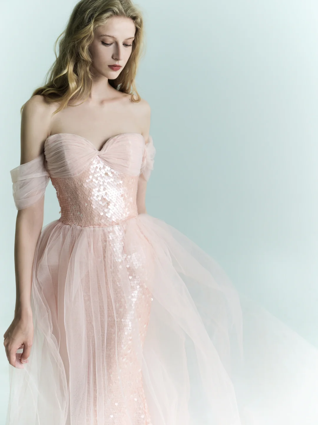Shiny Pink Mermaid Off the Shoulder Tulle Sequin Party Dress Prom Dress Formal Gown DP3725