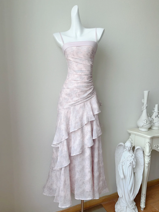 Purple A Line Spaghetti Straps Ruffle Print Flower Chiffon Party Dress Cocktail Dress DP2706