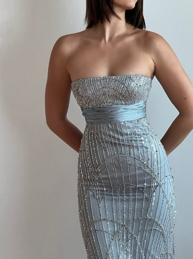 Gorgeous Sheath Spaghetti Strap Beaded Grey Satin Long Prom Dress Evening Dress DP1685