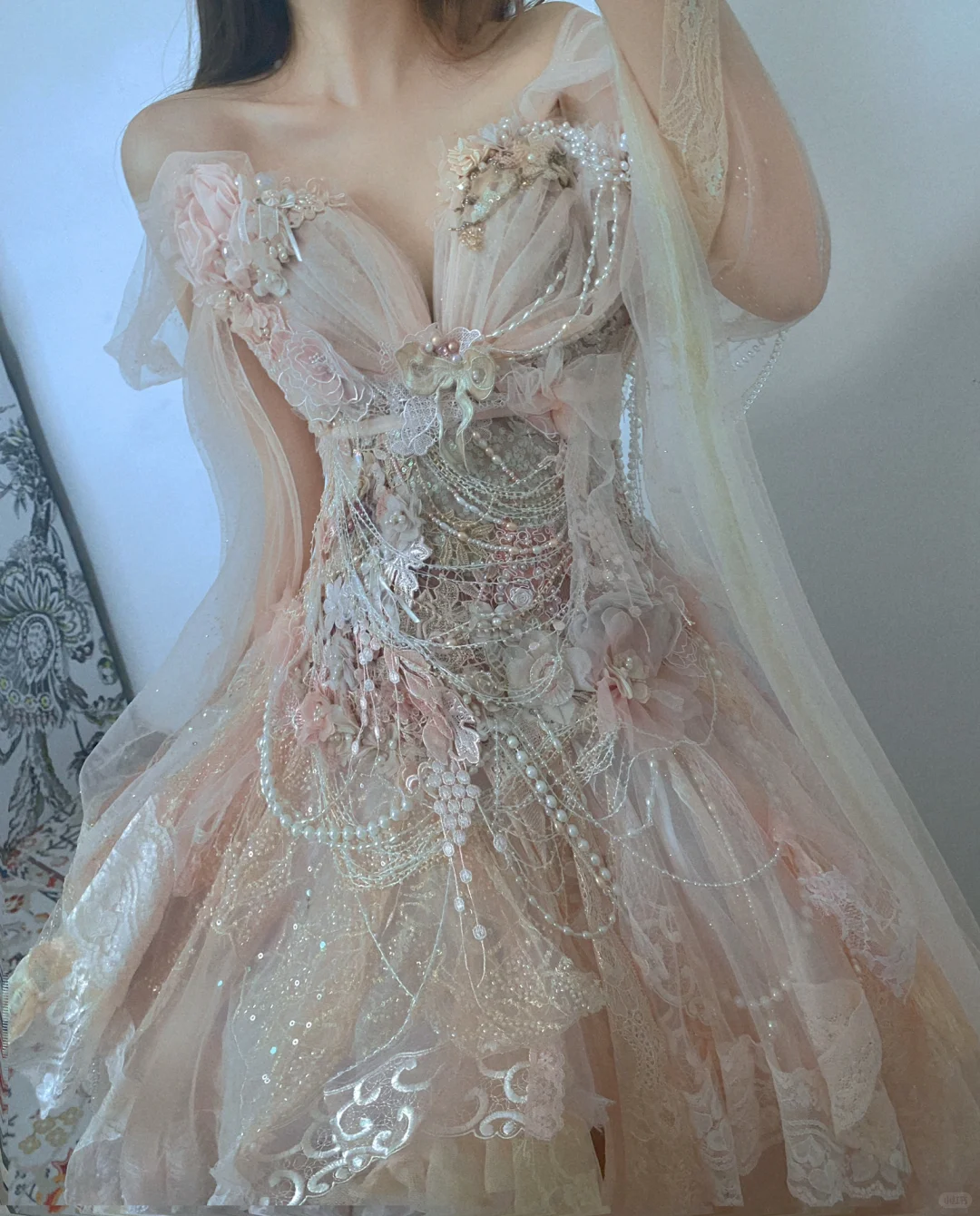 Flowy Exquisite A Line Long Sleeve Floral Beaded Tulle Prom Dress Party Dress DP3762