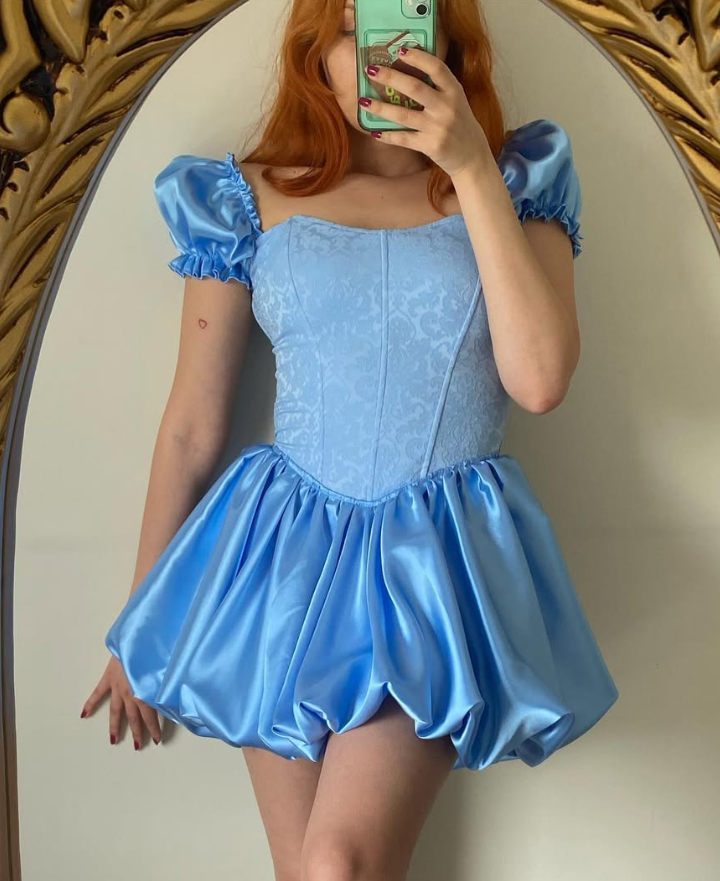 Princess A Line Puff Sleeve Corset Blue Satin Short Homecoming Dress Birthday Dress DP1659