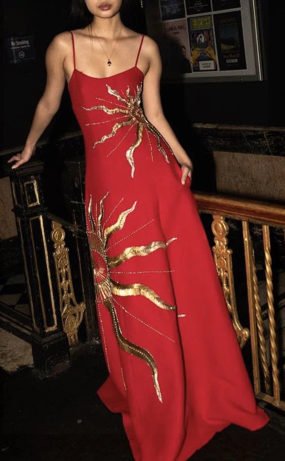 Chic A Line Spaghetti Straps Gold Embroidery Red Satin Prom Dress Evening Dress DP1469