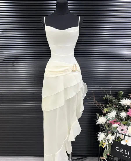 Elegant A Line Spaghetti Straps Ivory Chiffon Tea Length Prom Dress DP1467